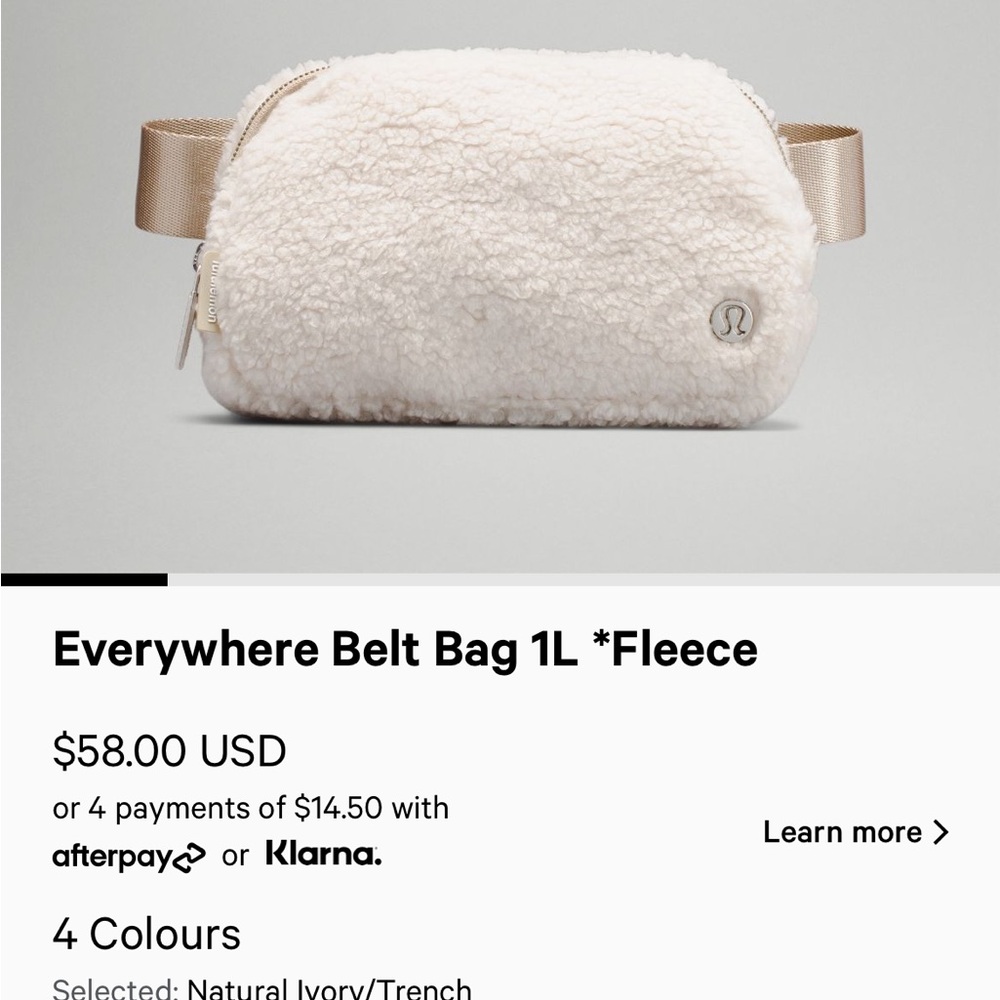 Lululemon Fleece Belt Bag. Ivory NWT.